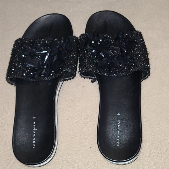 Zara Black Rhinestone Sandals Size 40 9 EUC
